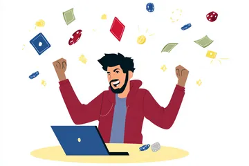 একজন পুরুষ তার ল্যাপটপে জয়ের মুহূর্ত উদযাপন করছেন, চারপাশে ভাসছে গেমিং আইকন—যা 457BD গেমসের উত্তেজনাকে প্রকাশ করে।