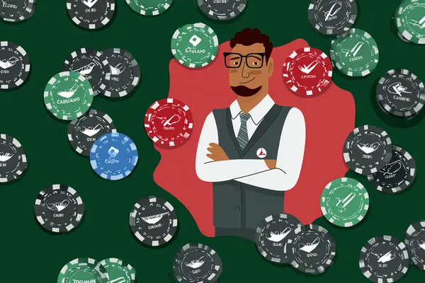 A confident dealer surrounded by casino chips inviting players to access their 457BD account, reflecting quick and easy login options.